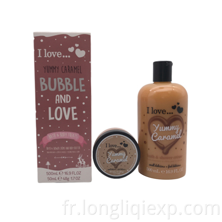 Coffret cadeau gel douche délicieux caramel 500 ml 50 ml beurre corporel bio naturel